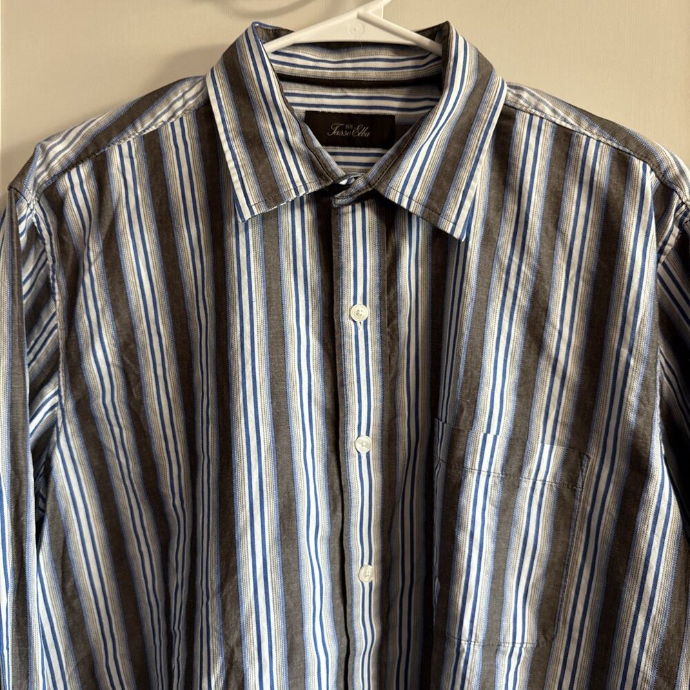 Tasso Elba Men's Blue Gray White Striped Button-Up Cotton Point Collar Shirt EUC